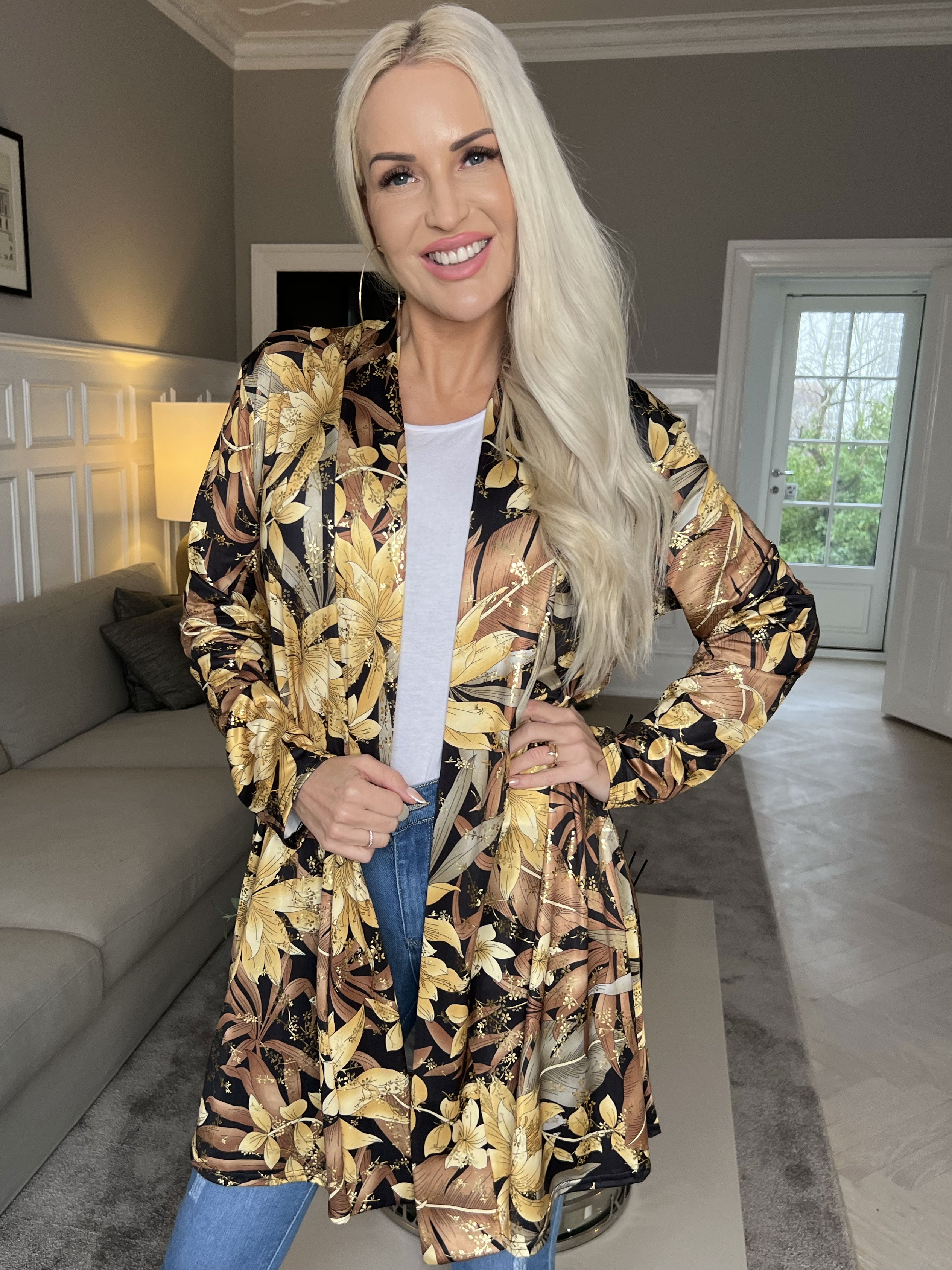 Rosa Gold Flower - Elastisk cardigan med tryck